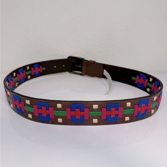 Free People High Summer Brown Leather Belt Multicolor Embroidered Bohemian Sz 32 - Picture 5 of 11